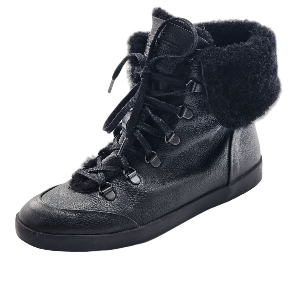 Women's L.K.Bennett Black Leather Shearling Trim Winter Boots Size 8.5